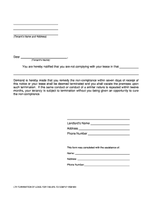 NOTICE from LANDLORD to TENANT TERMINATION for NON COMPLIANCE OTHER THAN FAILURE to PAY RENT  Form