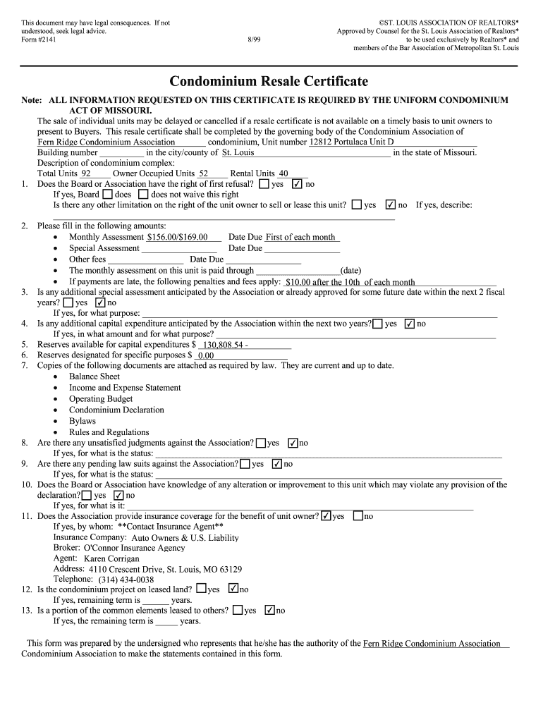 Condo Resale Certificate Form