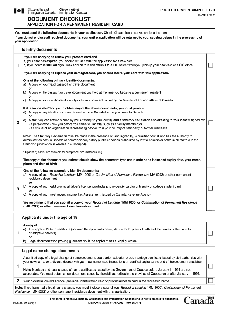  IMM 5574E Document Checklist Application for a Permanent 2008