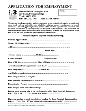 APPLICATION for EMPLOYMENT Reed Boardall  Form