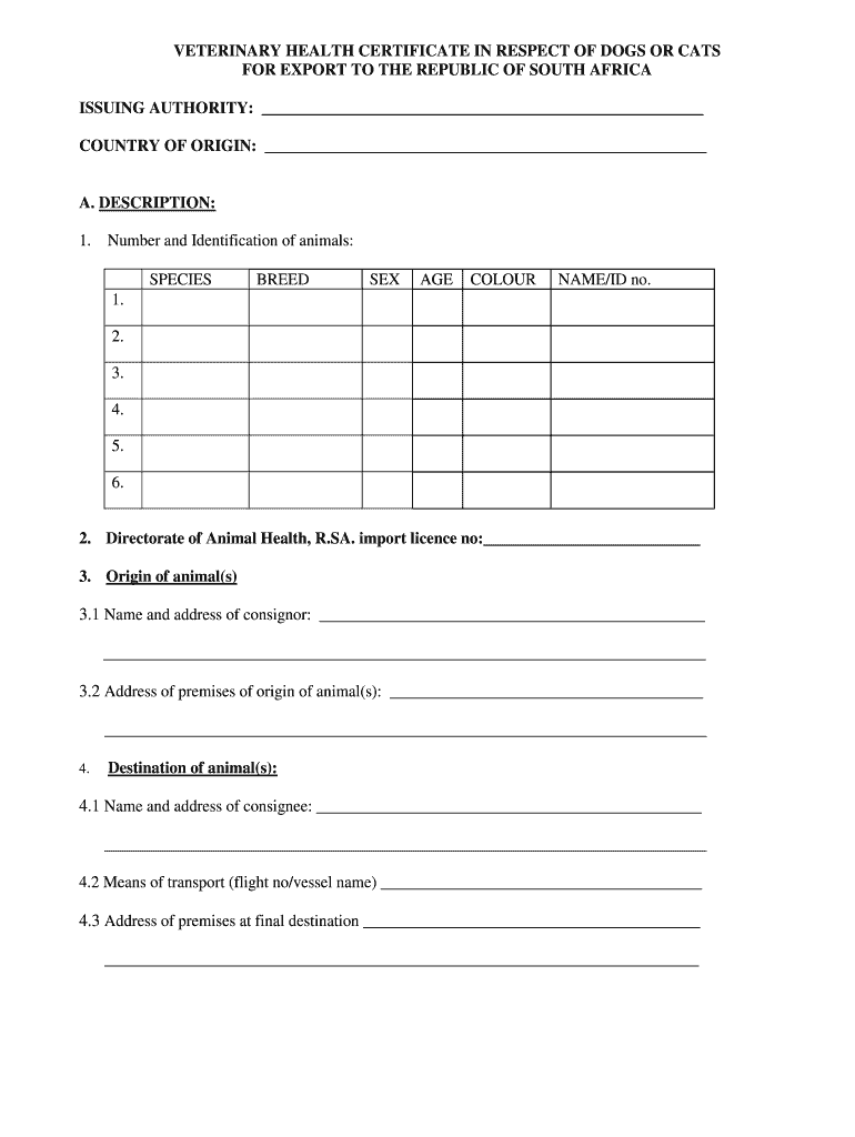 Veterinary Health Certificate Sample  Form