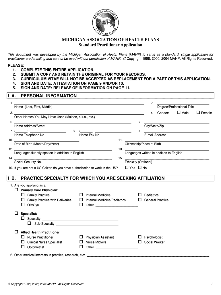 Mahp Credentialing Application Form