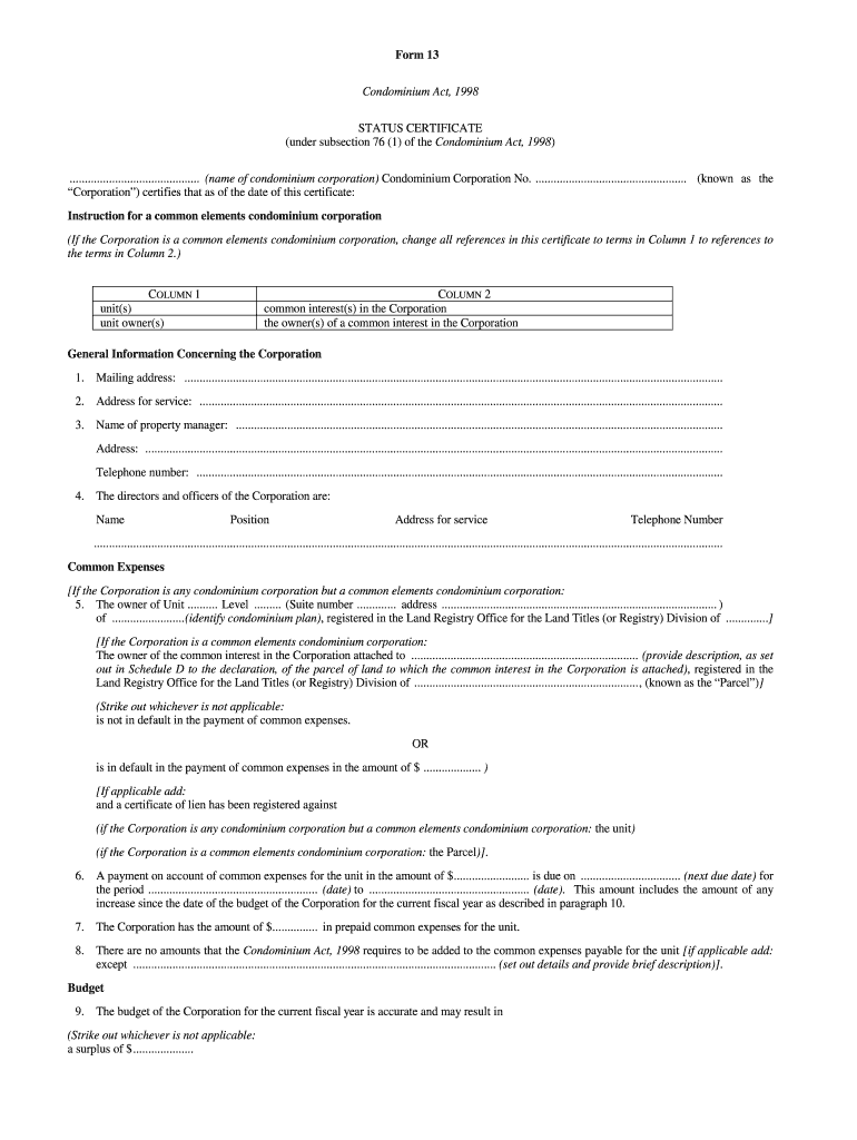 Status Certificate  Form
