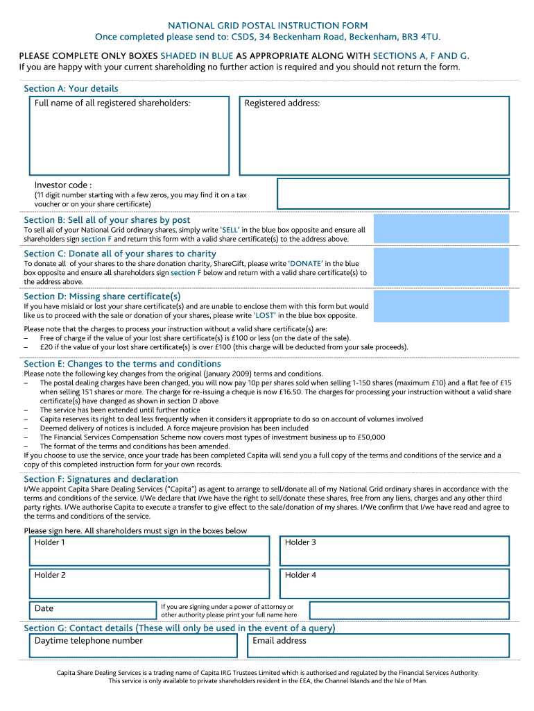  National Grid Postal Share Sale Form 2012-2024