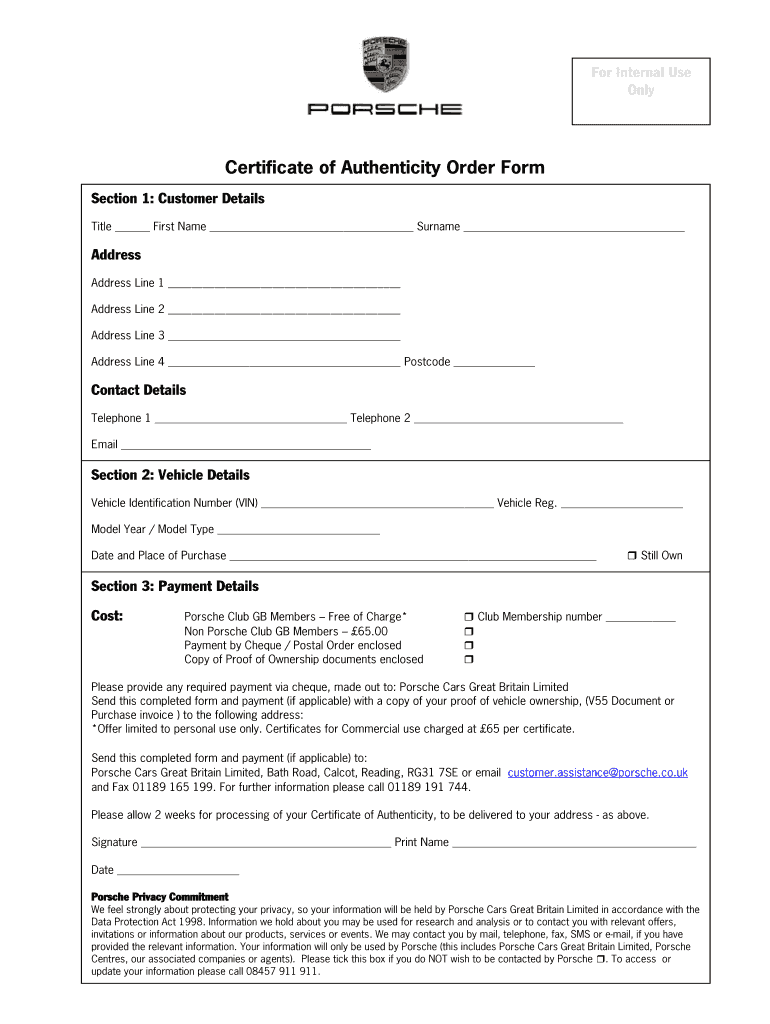 Certificate Authenticity Form