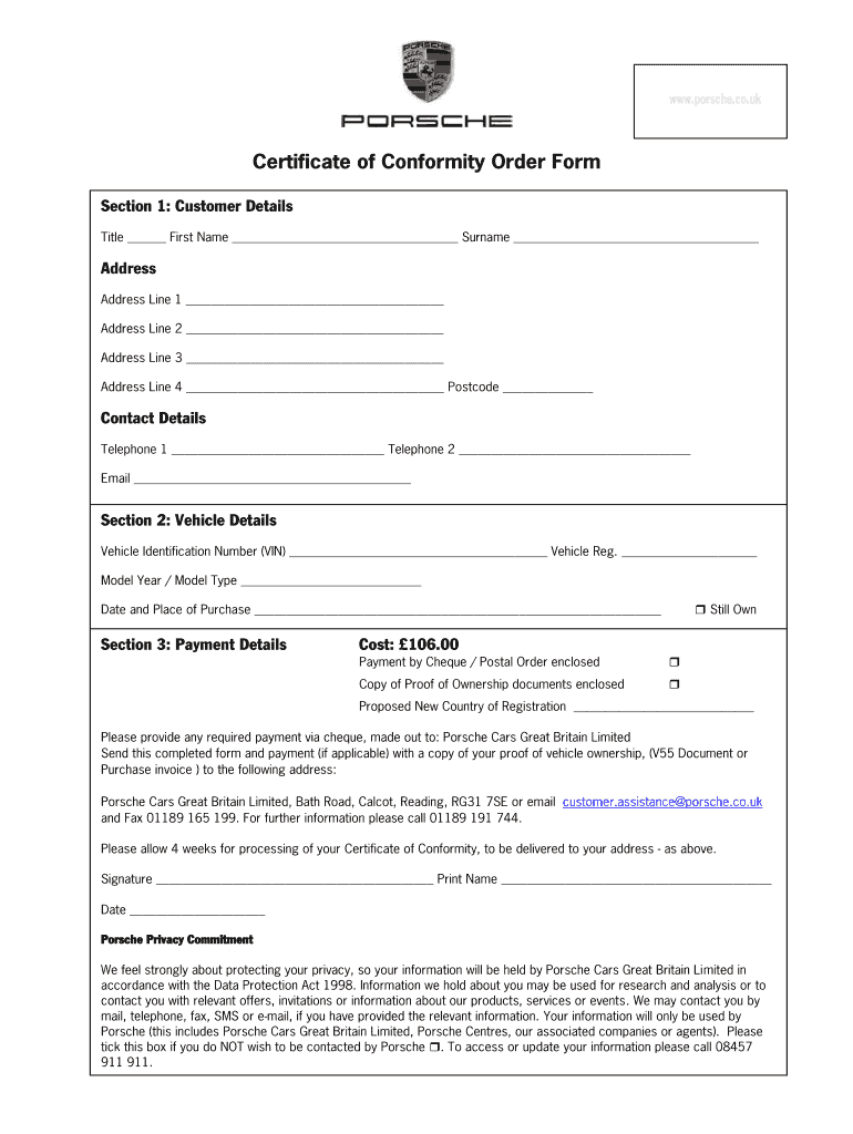 Get and Sign Porsche Certificate of Conformity