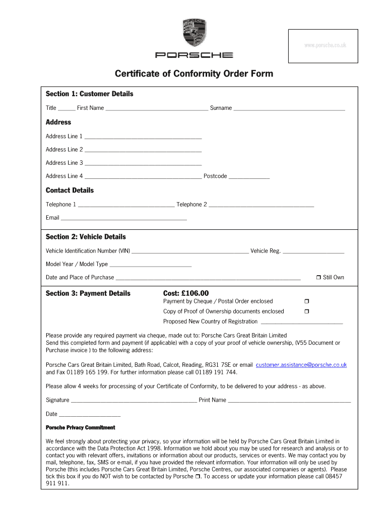 Porsche Certificate of Conformity