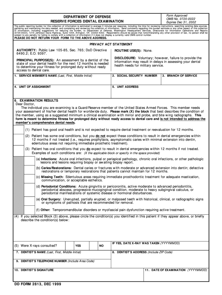  Department of Defense Dental Examination Form 2017