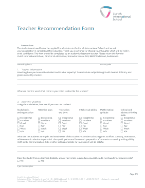  Teacher Recommendation Form Zurich International School Zis 2008