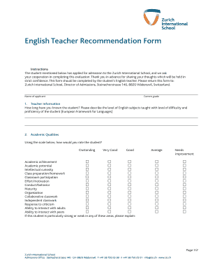  English Teacher Recommendation Form Zurich International School Zis 2013
