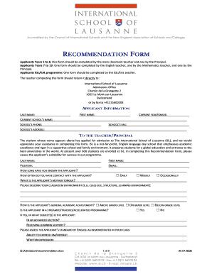 Confidential ISL Recommendation Forms International School of Isl