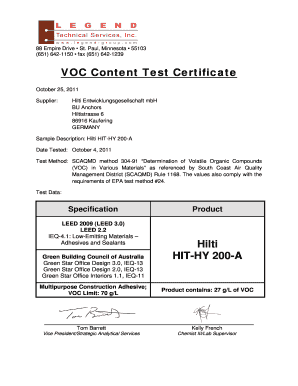 VOC Content Test Certificate Hilti HIT HY 200 a  Form