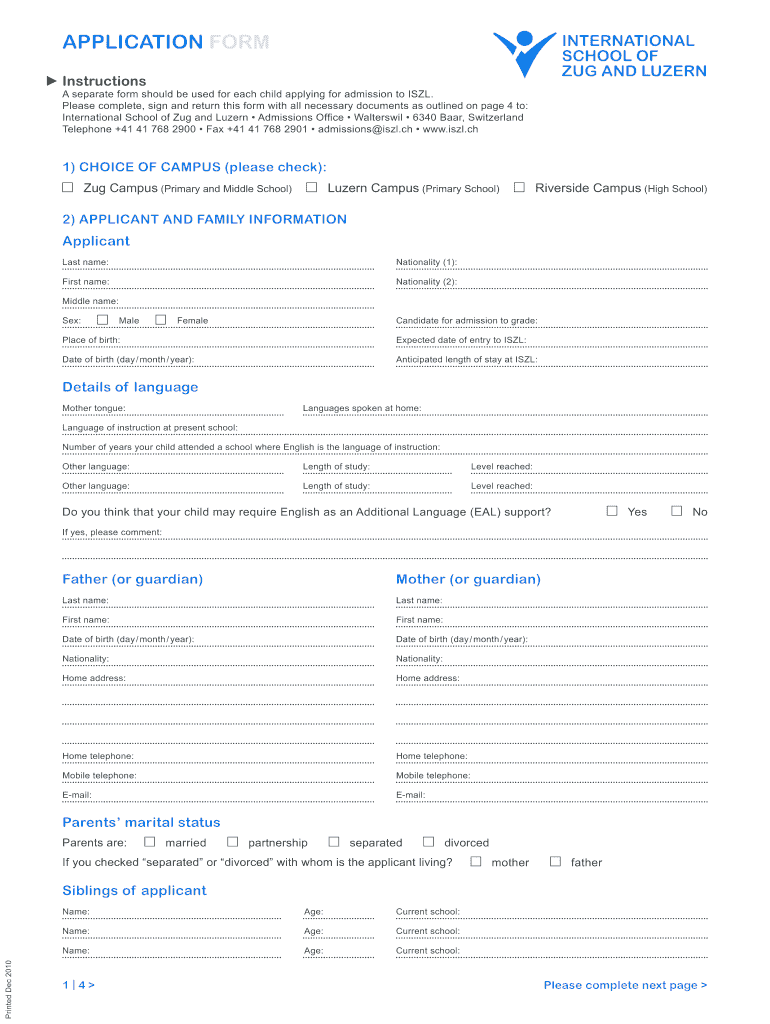 A Separate Form Should Be Used for Each Child Applying for Admission to ISZL  Iszl