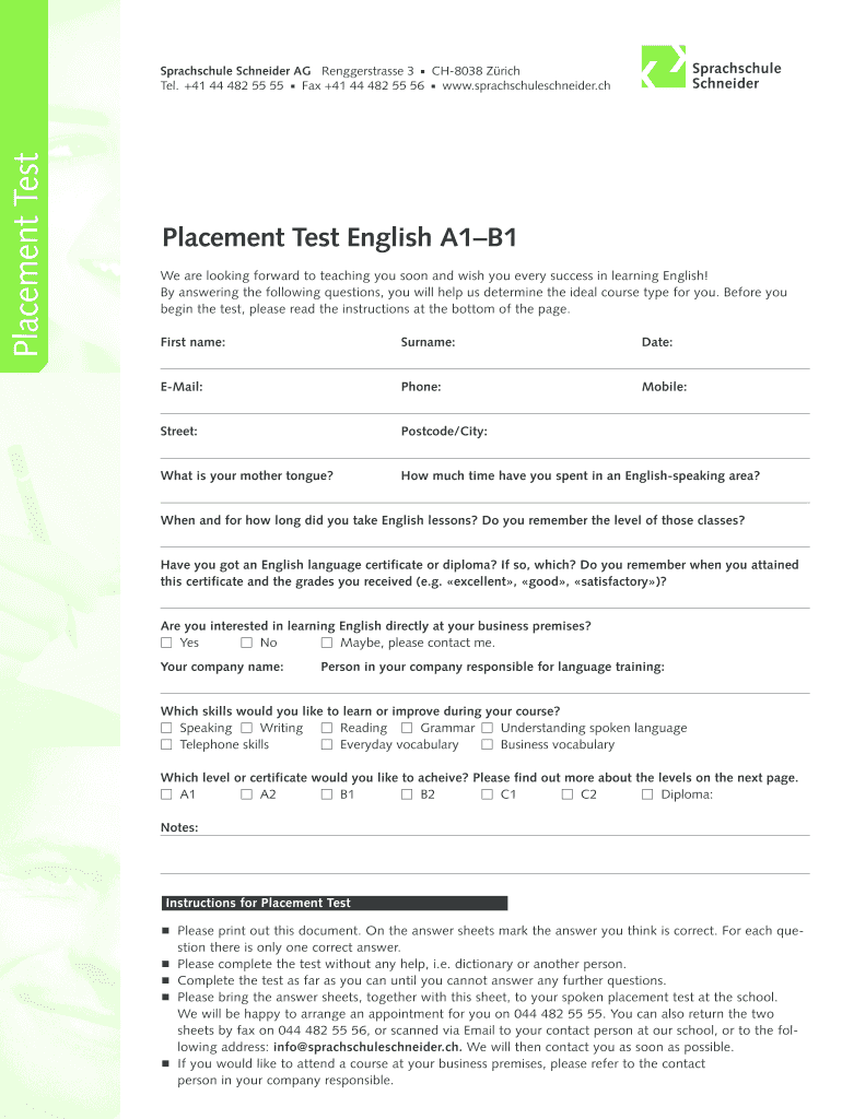 English Placement Test Printable  Form