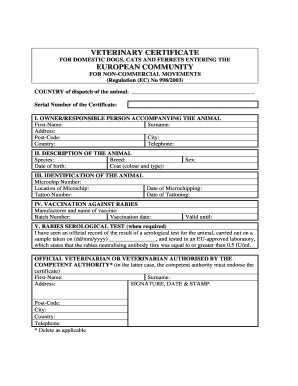 VETERINARY CERTIFICATE for DOMESTIC DOGS, CATS and FERRETS ENTERING the EUROPEAN COMMUNITY for NON COMMERCIAL MOVEMENTS Regulati  Form