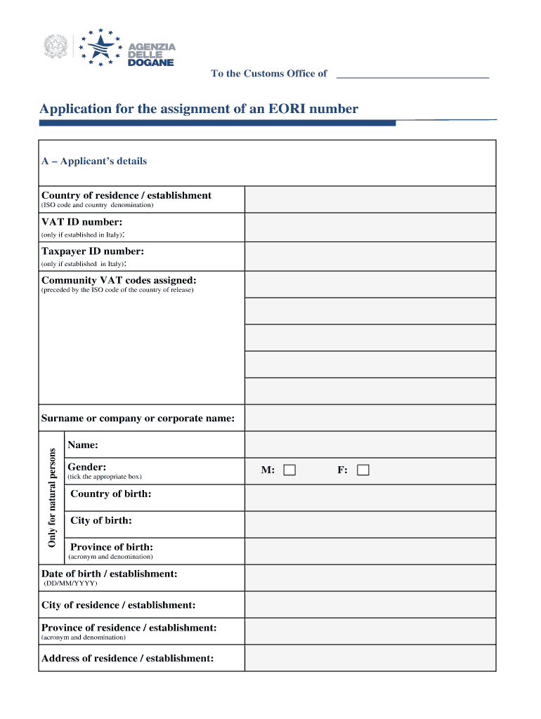 Eori Number Italy  Form