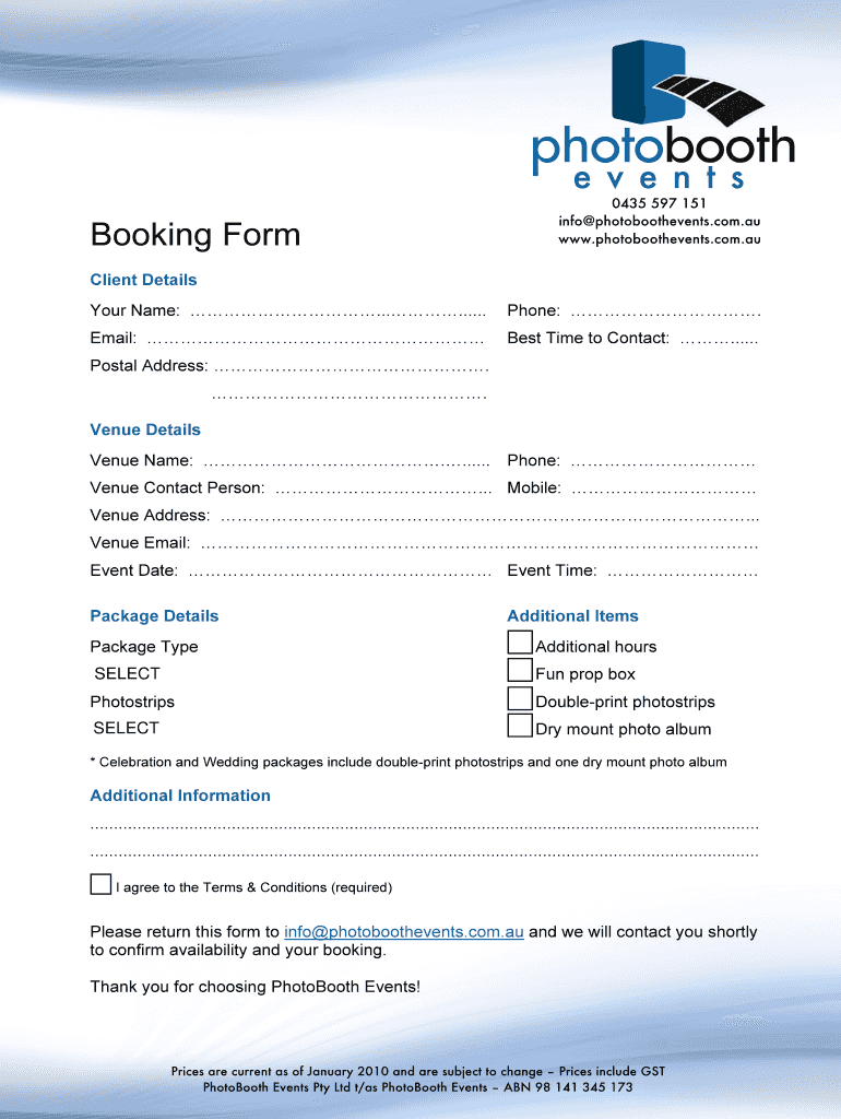 Get and Sign Booking Form - PhotoBooth Events 2010-2022: get and sign the form in seconds