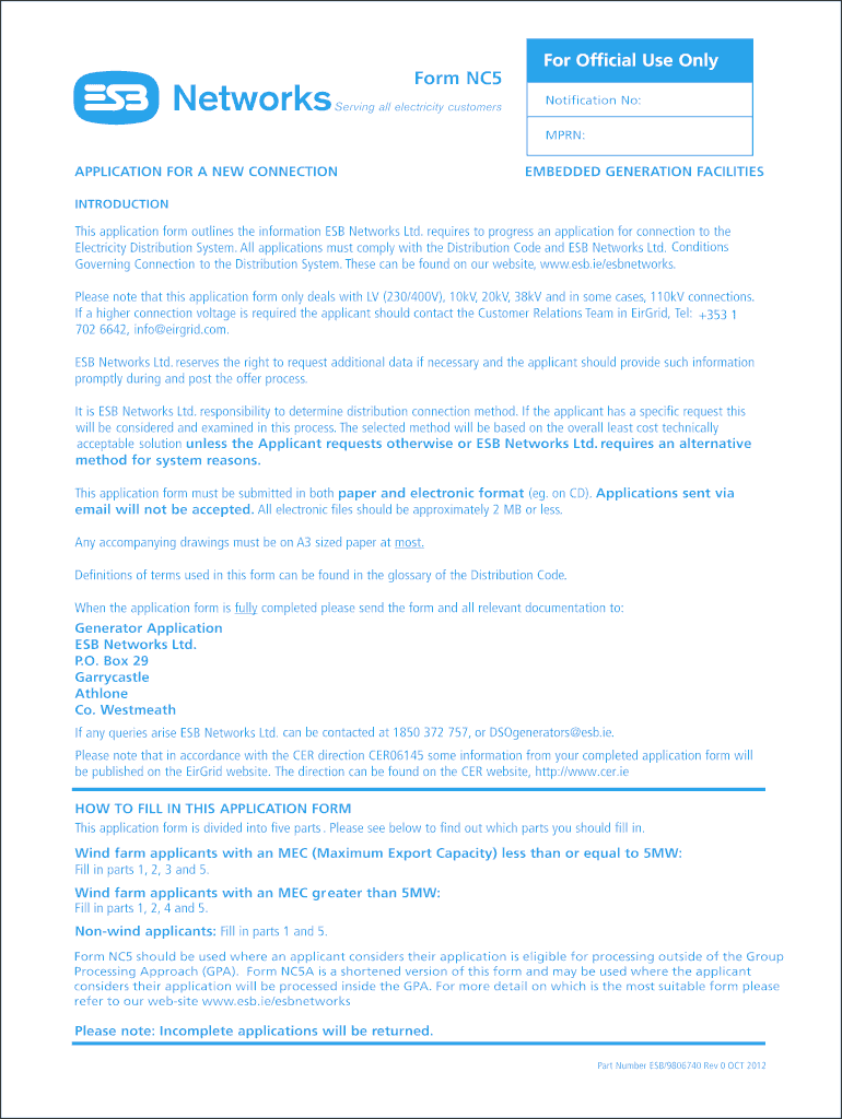  Appication Form for Connection of Generation Facilities to Esbs Transmission System 2012