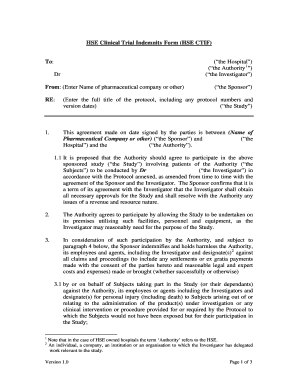 FORM of INDEMNITY for CLINICAL STUDIES State Claims