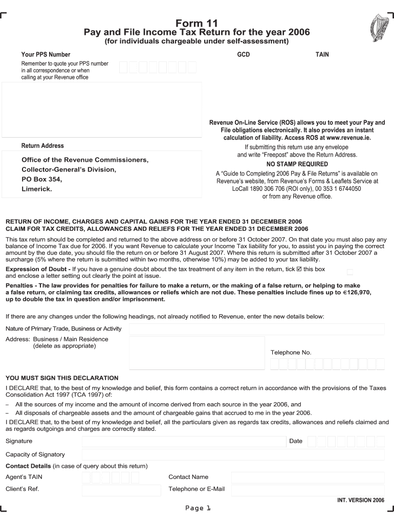  Form 11 Pay and File Income Tax Return Revenue Revenue 2006