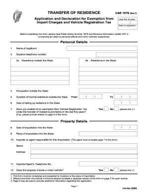 Form C&amp;E 1076 Transfer of Residence from Outside XSBaggage