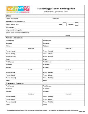 Senior Kindergarten Enrolment Form Scallywaggs the Home of Scallywags Co