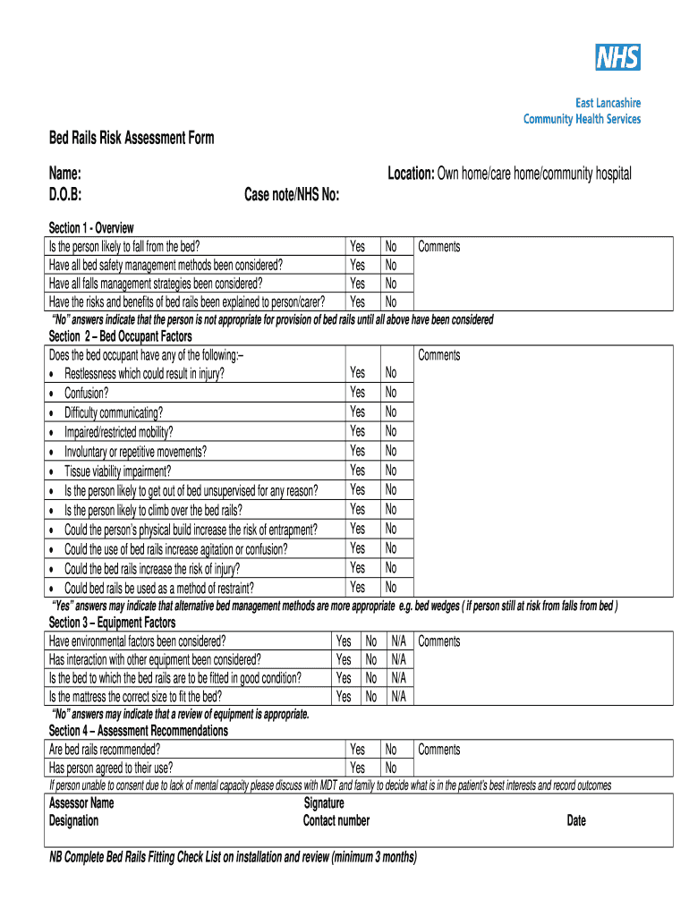 Bed Rail Risk Assessment PDF  Form