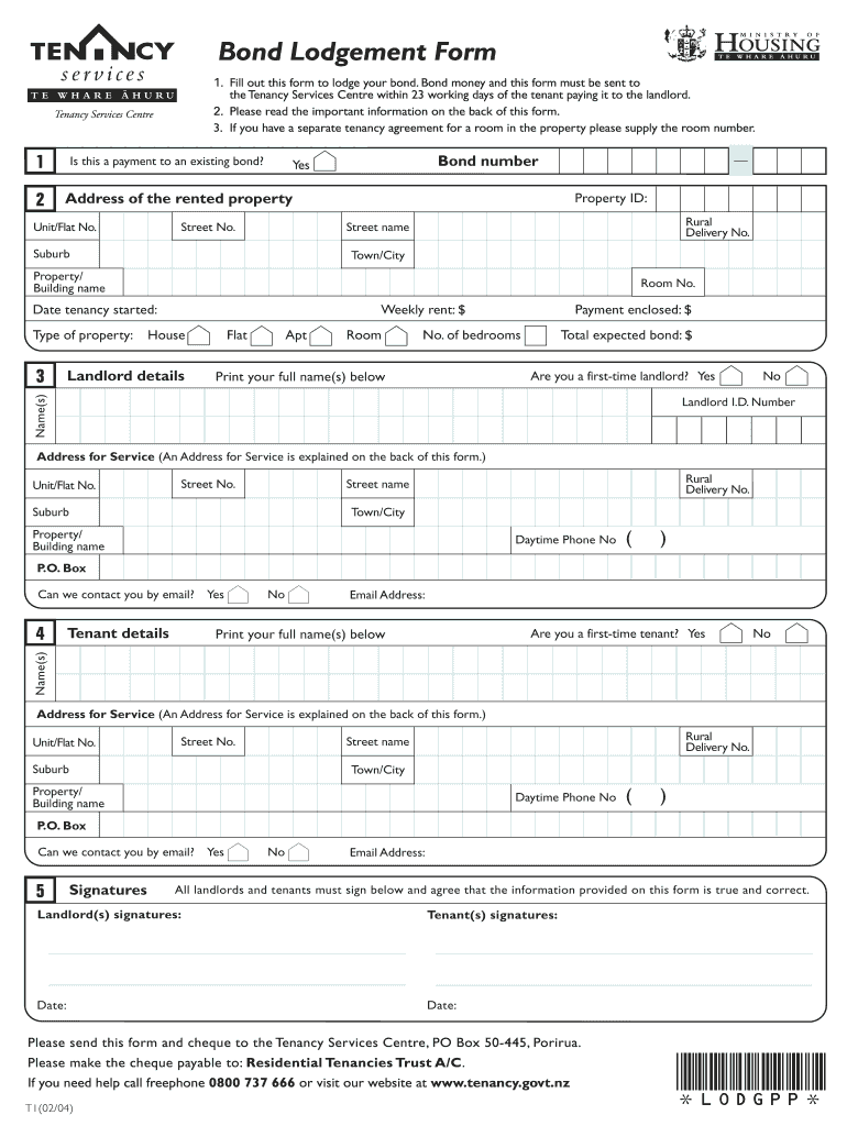  Bond Lodgement Form  Onus 2004-2024