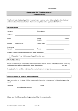 Bicycling Club Membership Form Template