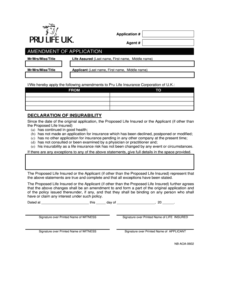 Amendment of Application Pru Life Uk  Form