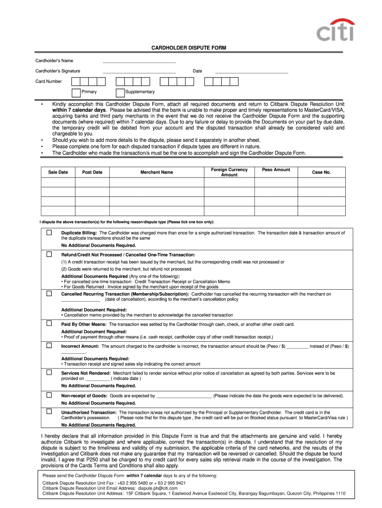 Citibank Dispute Form