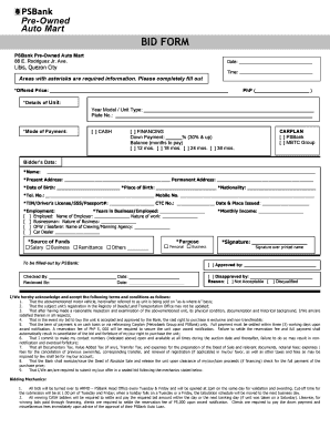 Bank Bid Sheet  Form