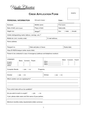 CREW APPLICATION FORM Yacht Charter