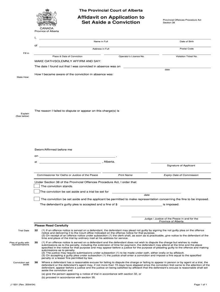 Affidavit on Application to Set Aside a Conviction  Form