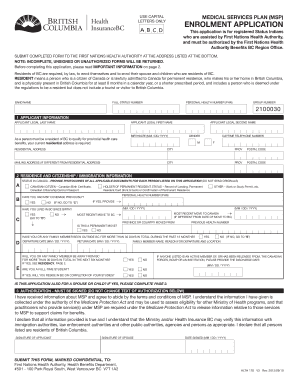 MSP Application for Enrolment Ministry of Health Health Gov Bc  Form