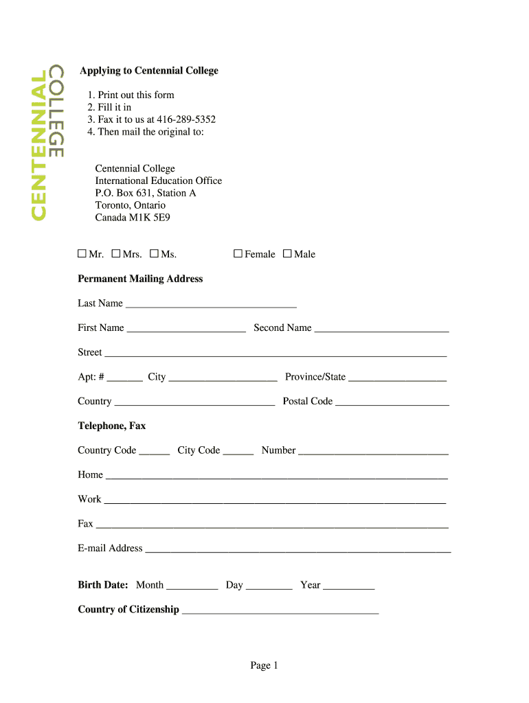 Centennial College Application  Form