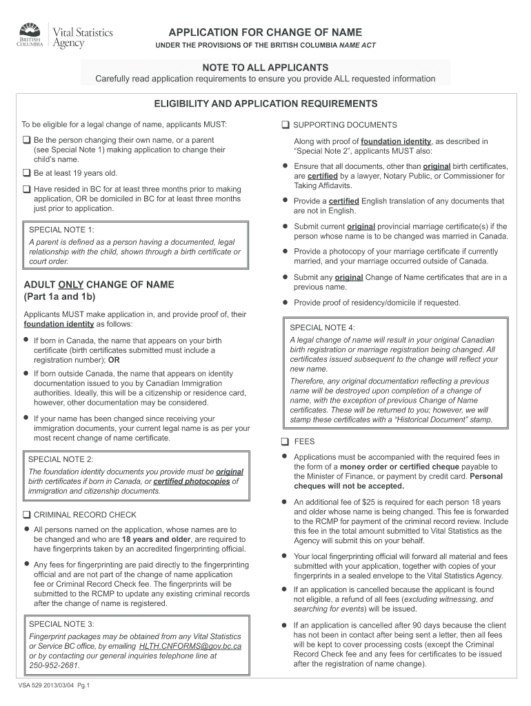  Application for Change of Name Bc Fillable Form 2018