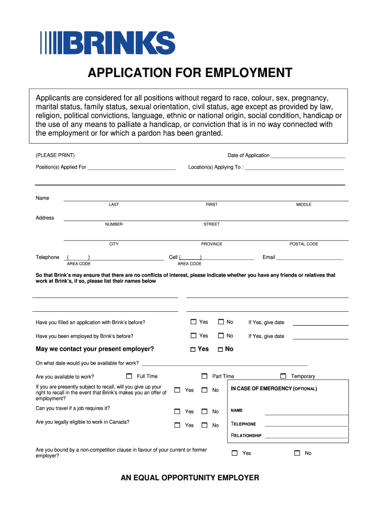 Brinks Printable Application  Form