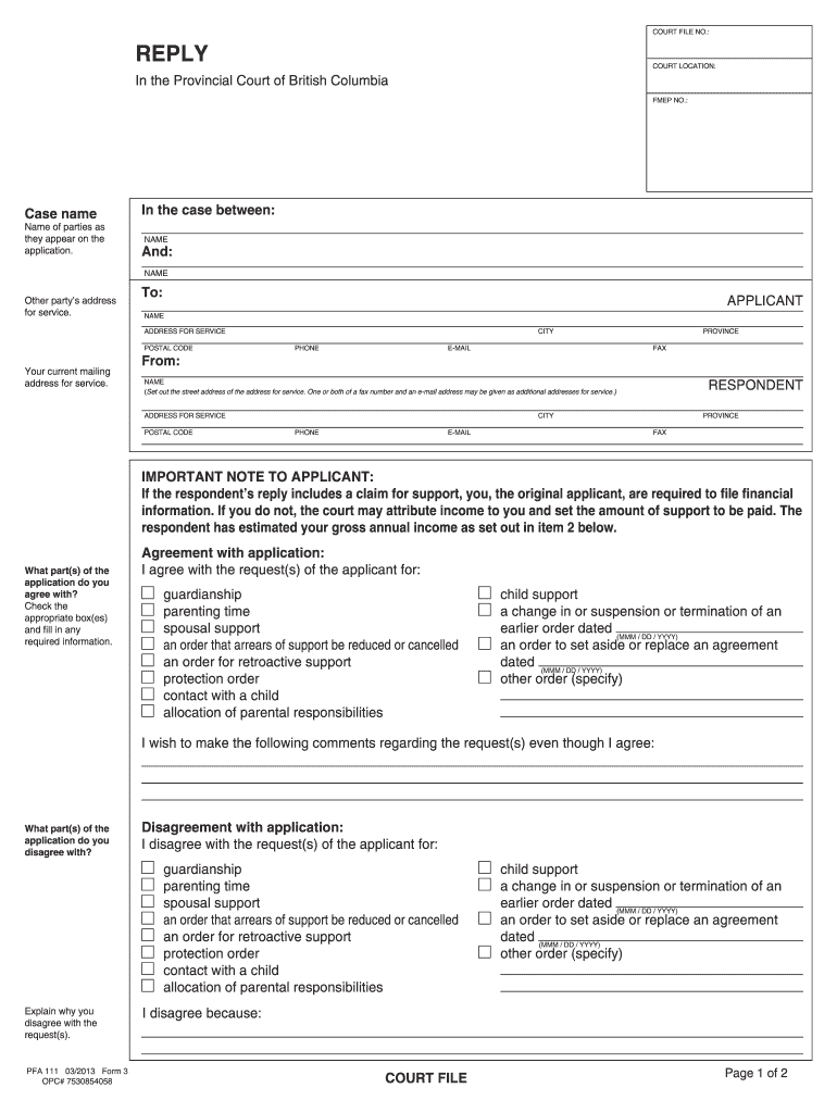 Replying to an Application Filed by an Applicant    Ministry of Justice  Ag Gov Bc  Form