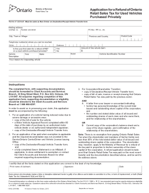 Application for a Refund of Ontario Retail Sales Tax for Used Vehicles Purchased Privately  Form
