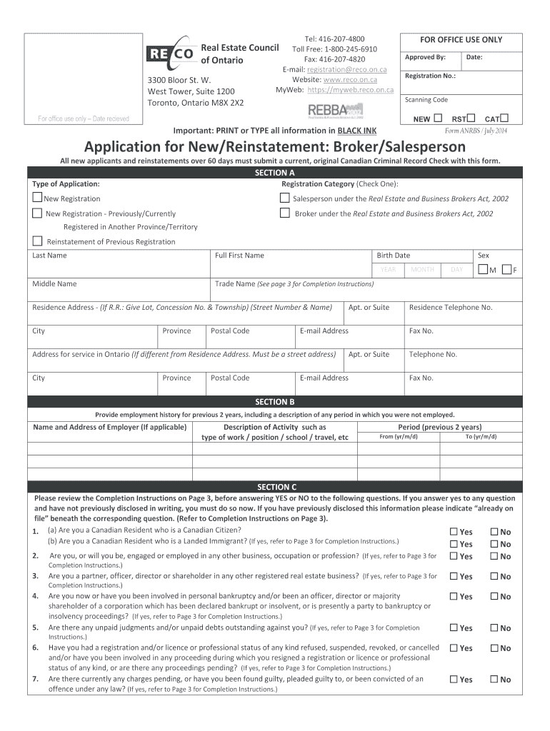 Form for Reinstatement Brokersalesperson in Ontario