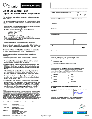 Gift of Life Consent Form Organ and Tissue Donor Ontario Ca Forms Ssb Gov on