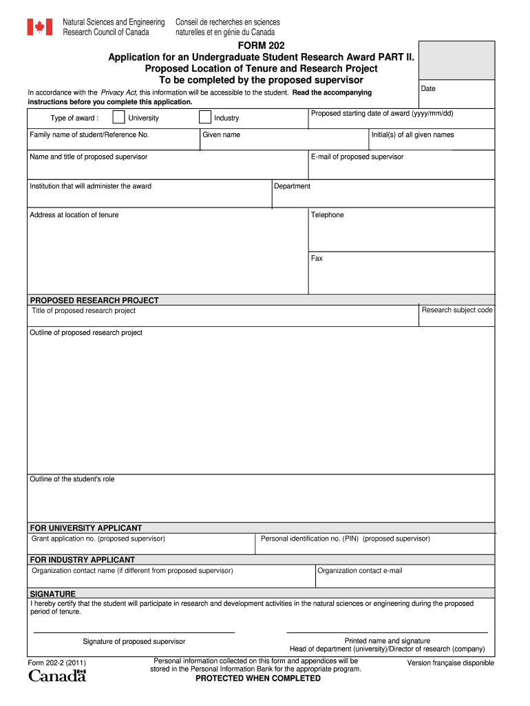 FORM 202 Application for an Undergraduate Student Research Nserc Crsng Gc