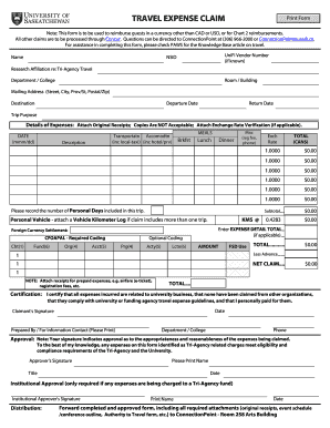 Travel Expense Claim Form Usask