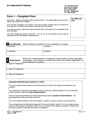 Complaint Form BC Human Rights Tribunal