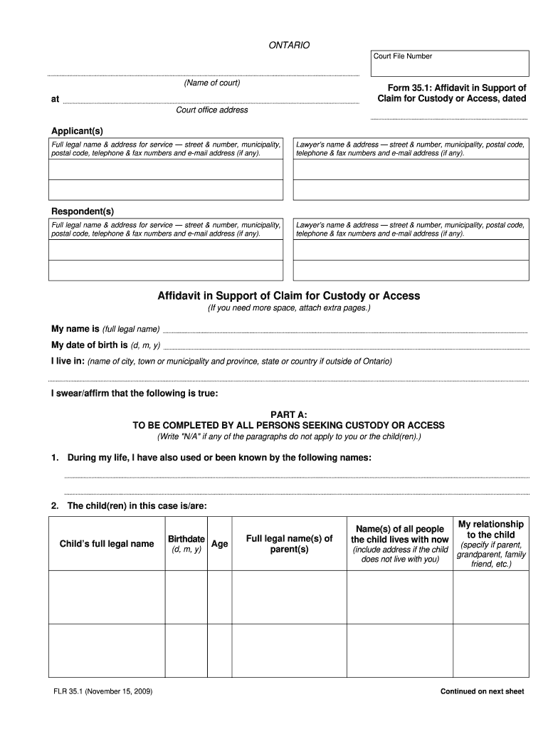  Form 35 1 Affidavit in Support of Claim for Custody or Access Dated Online Ontario 2009-2023