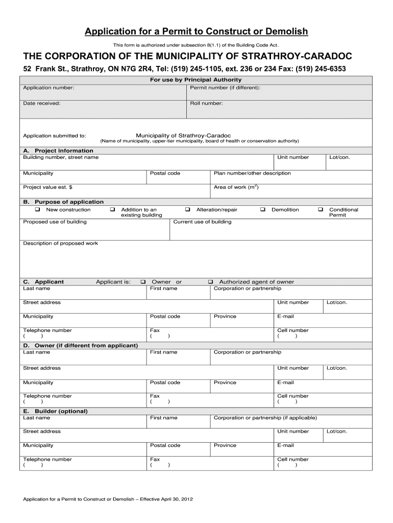  BuildingDemolition Permit Application Form  Township of Strathroy 2012