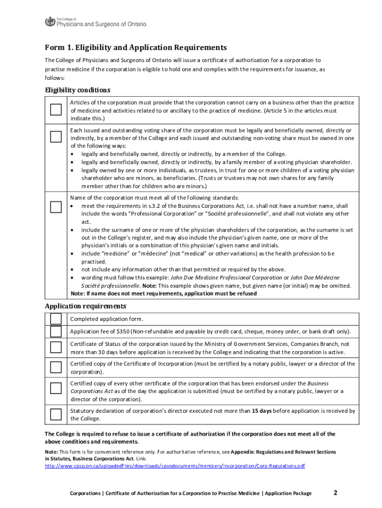 Certificate of Authorization Application College of Physicians and  Form