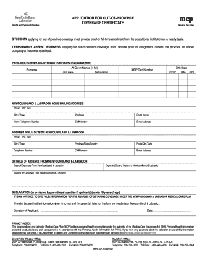 Mcp Out of Province Coverage Certificate  Form