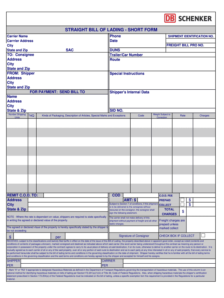 Sid Bill of Lading  Form